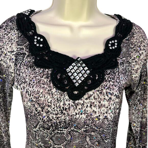Vintage y2k small women snakeskin black babydoll rhinestone glam whimsygoth lace - Picture 3 of 10